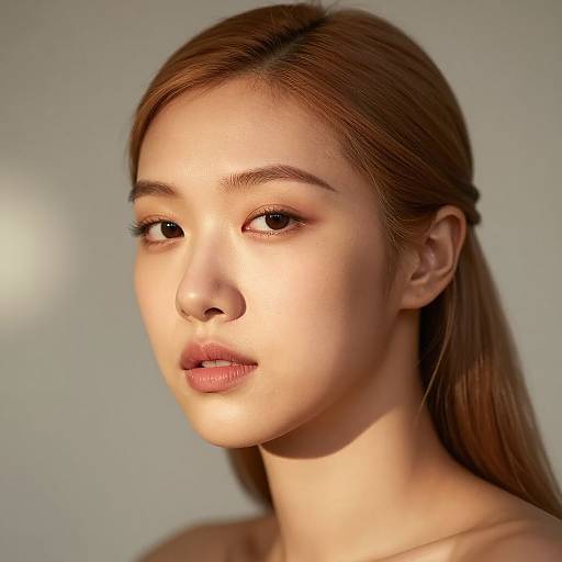 Photorealistic digital portrait of a young Asian woman with light skin, brown eyes, and straight auburn hair, softly lit against a gray background