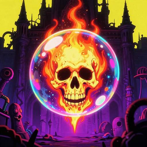 Digital art: Bright, fiery skull in a glowing bubble floats above a dark, gothic castle with silhouetted, ghostly figures below.