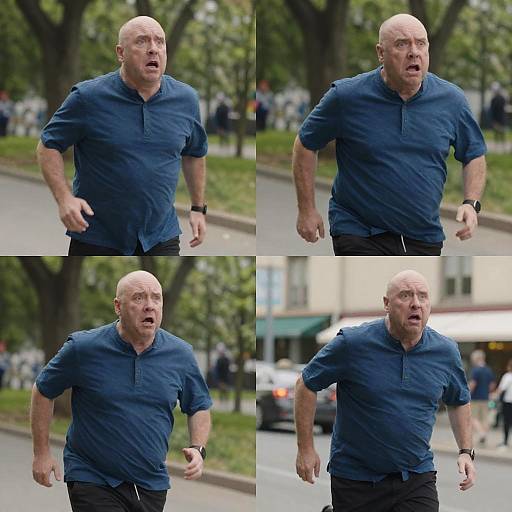 Photograph collage of a bald, middle-aged man in a blue, short-sleeved shirt, running outdoors, looking surprised, with trees and buildings