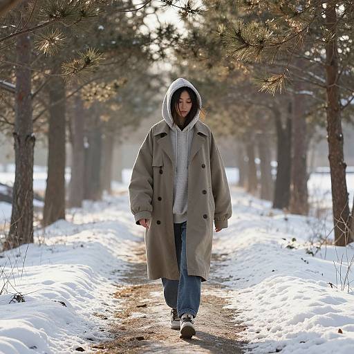 Young Asian woman walks through snowy forest wearing oversized beige coat, white hoodie, blue jeans, and black sneakers, sunlit path.