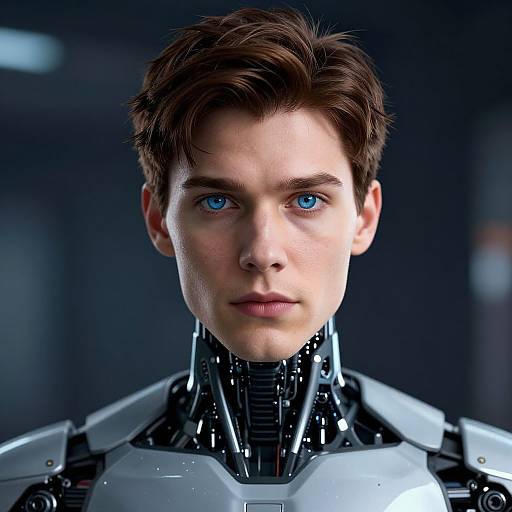 Photorealistic CGI of a young man with blue eyes, brown hair, and a robotic neck and shoulders, set against a dark, blurred background.