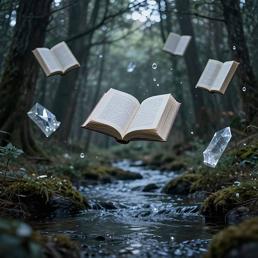 Ethereal Forest with Floating Crystal Books