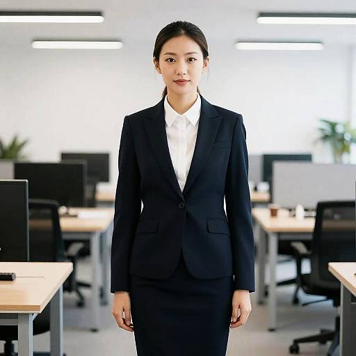 Photograph of an Asian woman with fair skin, black suit, white shirt, and brown hair in an office with modern desks and bright lights.