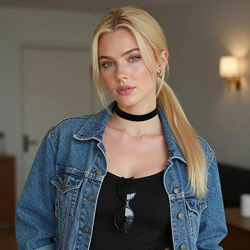 Blonde Woman in Denim Jacket Indoors