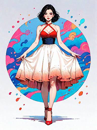 Elegant Woman in Red Halter Neck Dress