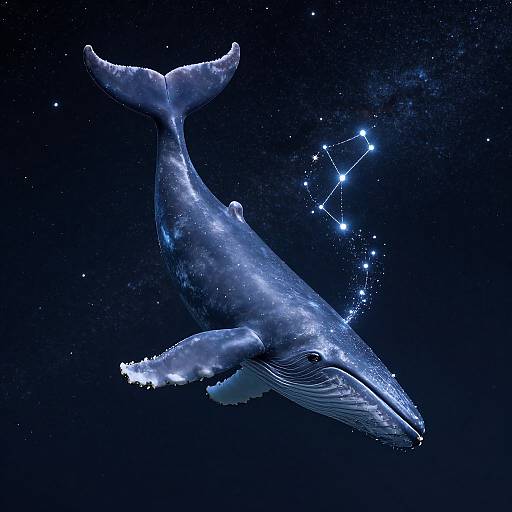 Digital artwork of a glowing blue whale with constellation lines trailing from its tail against a dark, star-filled night sky.