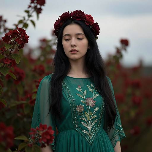 Photograph of a young Asian woman with long black hair, wearing a dark green dress with floral embroidery, and a red flower crown, standing in a