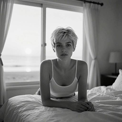 Black-and-white photograph of a young woman with short, blonde hair, wearing a white tank top, sitting on a bed, looking directly at the camera