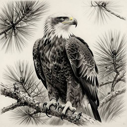 Black-and-white digital drawing of a majestic eagle perched on a pine branch, surrounded by detailed pine needles, showcasing intricate feather textures and sharp talons