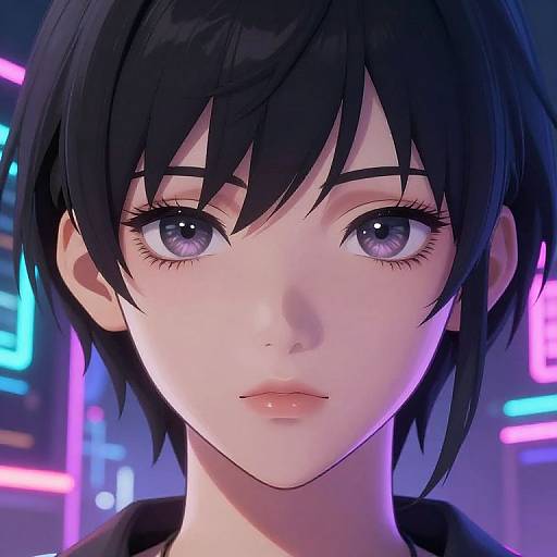 Digital anime-style portrait of a young woman with short black hair, large blue eyes, and pink lips, set against a neon-lit cityscape background