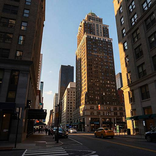 Photograph of a sunlit urban street with tall, shadowed buildings, a yellow taxi, pedestrians, and clear blue sky.