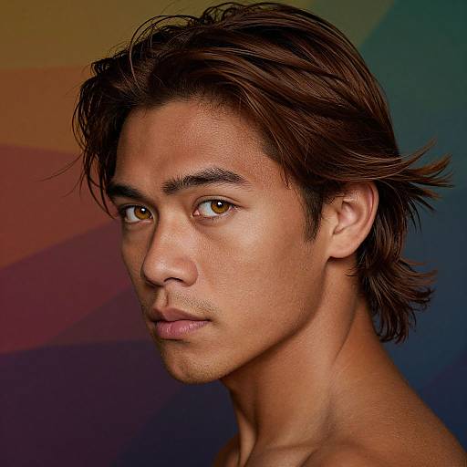 Photograph of a handsome, young man with light brown skin, brown eyes, and tousled brown hair, against a colorful geometric background.