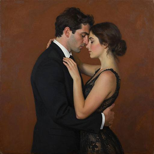 Photorealistic painting of a romantic couple in black formal attire, gazing closely, holding each other, against a rich brown background.