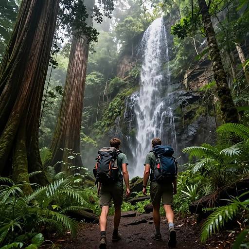 Photograph of two hikers with backpacks, standing before a tall, cascading waterfall in a lush, dense redwood forest. Sunlight filters