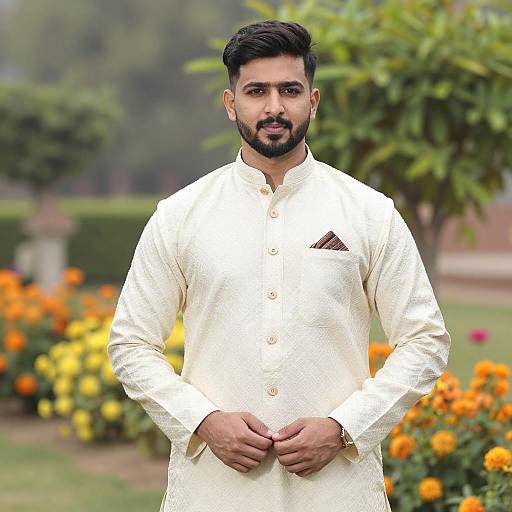 Man in Cream Traditional Pakistani Kurta Outdoors
