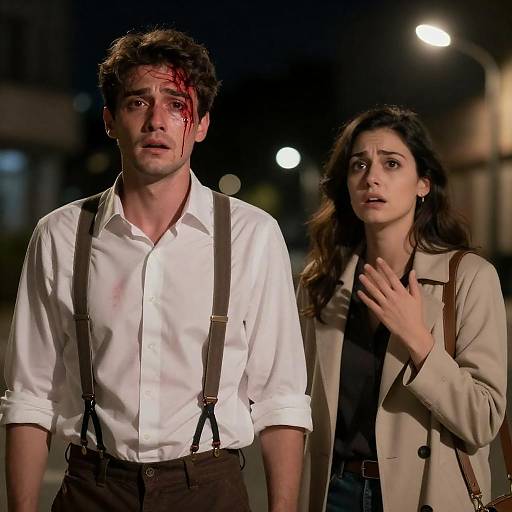 Nighttime Street: Bloodied Man, Shocked Woman