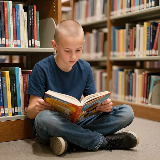 Photograph of a young boy with a shaved head, wearing a navy shirt and jeans, sitting cross-legged on a library floor, intently reading a