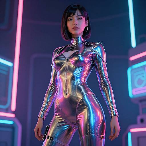 CGI image of an Asian woman in a shiny, metallic, silver, and purple latex bodysuit, standing confidently in a neon-lit futuristic