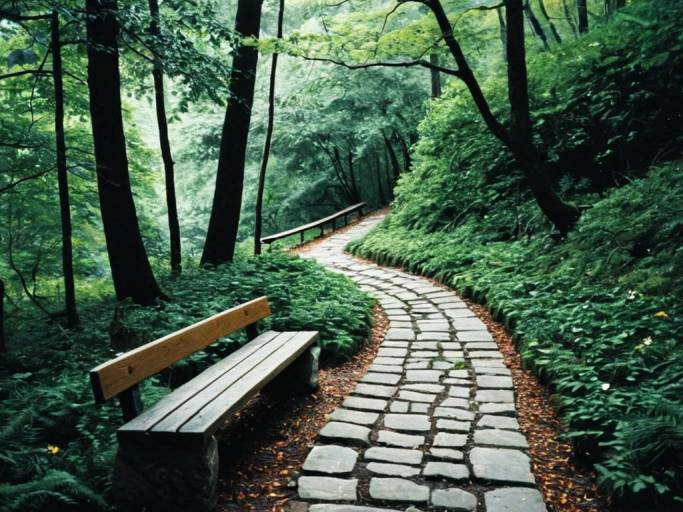 Serene Forest Path with Bench Wallpaper