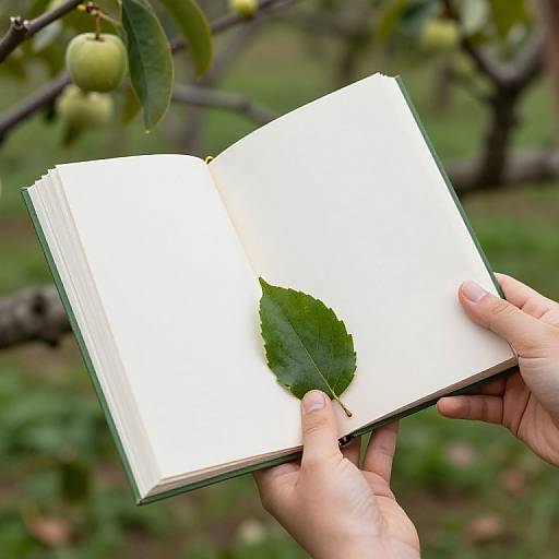 Photograph of hands holding open blank notebook with single green leaf, outdoors near apple tree with green apples.