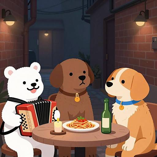 Three Anthropomorphic Dogs Dining in Alley