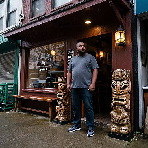 Photograph of a Black man in a gray t-shirt and blue jeans standing outside a dimly lit, wood-paneled bar with carved totem-style