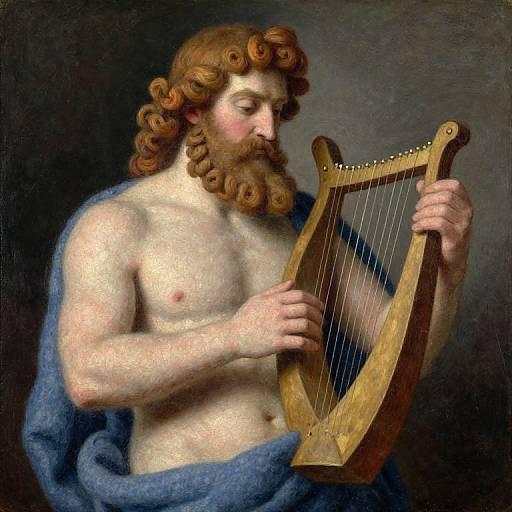 Baroque-style painting of a muscular, bearded man with curly brown hair, playing a wooden lyre, draped in a blue cloth.
