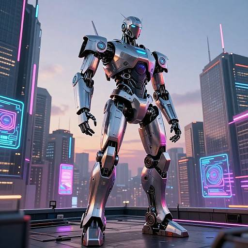 Digital CGI of a futuristic, white and silver humanoid robot standing in a neon-lit, cyberpunk cityscape at sunset.