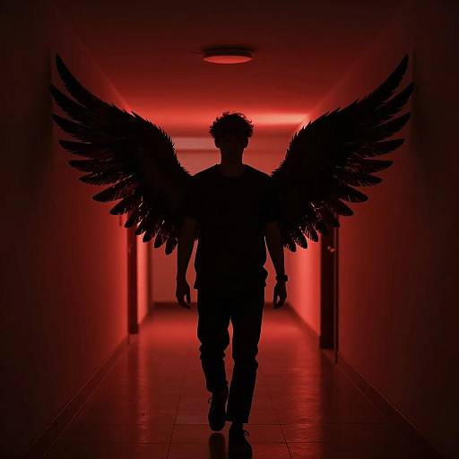 Silhouetted Man with Shadowy Wings in Red Corridor