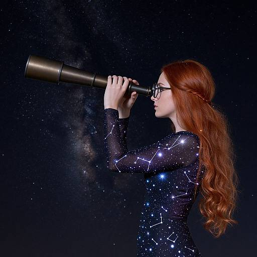 Photograph of a red-haired woman with glasses, wearing a star-studded black dress, using a telescope against a starry background.