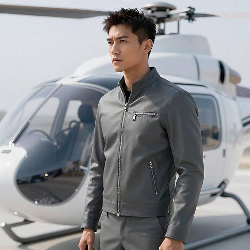 Intense Man Near Futuristic Helicopter