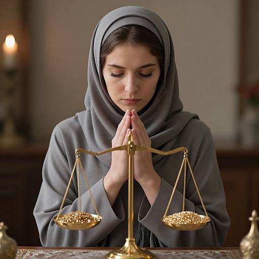 Photograph of a pensive young woman in a grey hijab and robe, hands in prayer, standing before a golden balance scale with grains. Soft