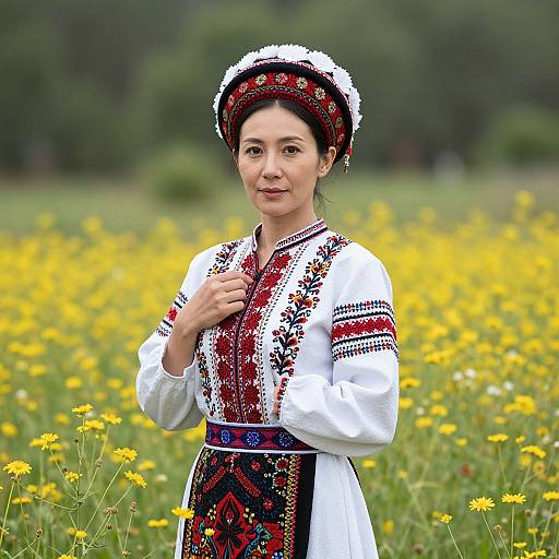 Photograph of a young Asian woman in traditional embroidered white dress and red-patterned headpiece, standing in a yellow wildflower field.