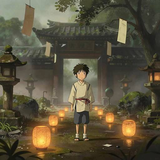 Teenage Boy in Abandoned Temple Garden