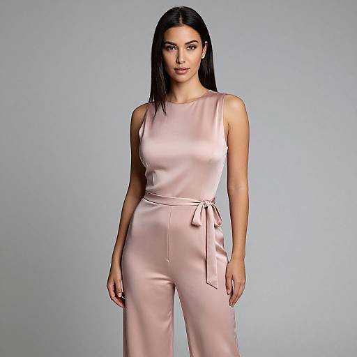 Photograph of a woman with straight black hair, wearing a sleeveless, light pink satin jumpsuit with a tied waist, standing against a plain light