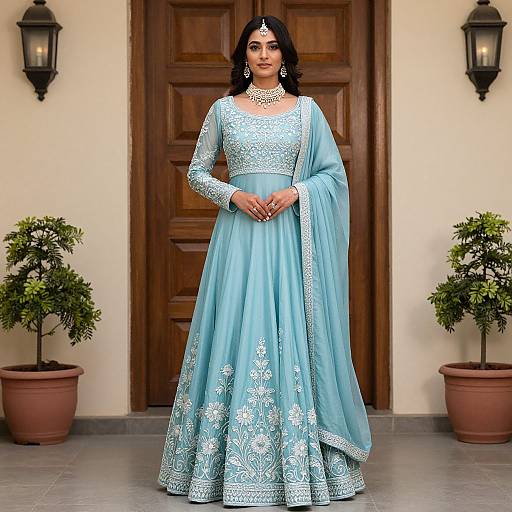 Photograph of a South Asian woman in a light blue, intricately embroidered traditional lehenga, standing in front of a wooden door with potted plants