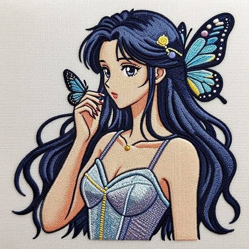 Digital anime-style drawing of a beautiful young woman with long blue hair, wearing a strapless blue corset, and a butterfly hairpiece, delicately