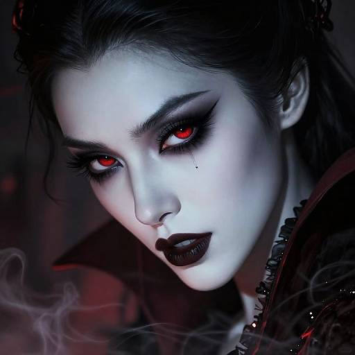 Digital portrait of a pale, gothic woman with striking red eyes, black eyeliner, and dark lipstick, set against a dark, smoky background