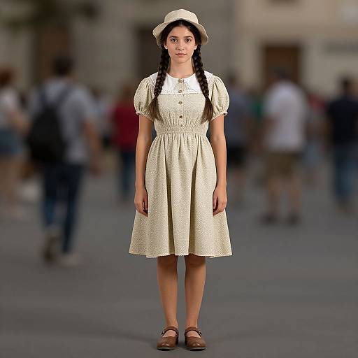 Photograph of a young woman with dark braided hair, wearing a cream dress, white hat, and brown shoes, standing in a blurred, crowded