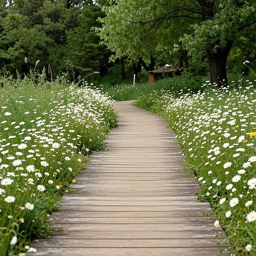 Photograph of a wooden pathway lined with white daisies, leading into a lush green forest with a small wooden structure in the background.