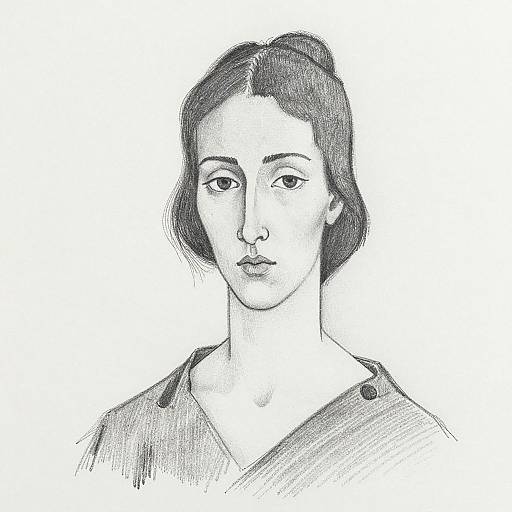 Black-and-white pencil drawing of a young woman with short, dark hair in a simple top, looking directly at the viewer.