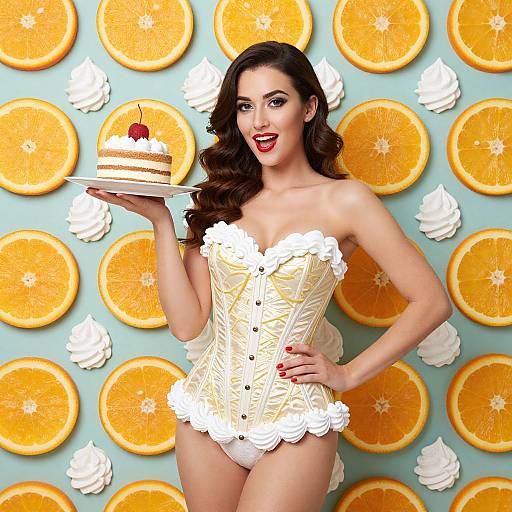Photograph of a smiling woman with long brown hair, wearing a yellow lace corset with white trim, holding a cherry-topped cake, against a