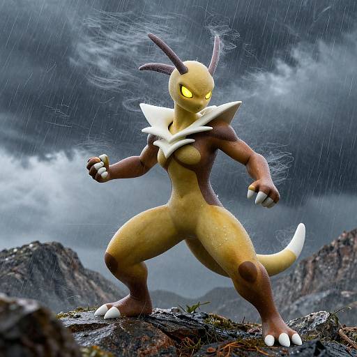 CGI image of a muscular, anthropomorphic, yellow and brown lizard-like creature with glowing yellow eyes, standing confidently in a rainy, rocky mountain landscape