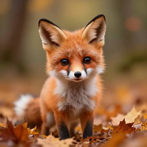 Photograph of a cute, fluffy red fox kit with large black eyes, standing on an autumn forest floor covered in orange and brown leaves. Blurred