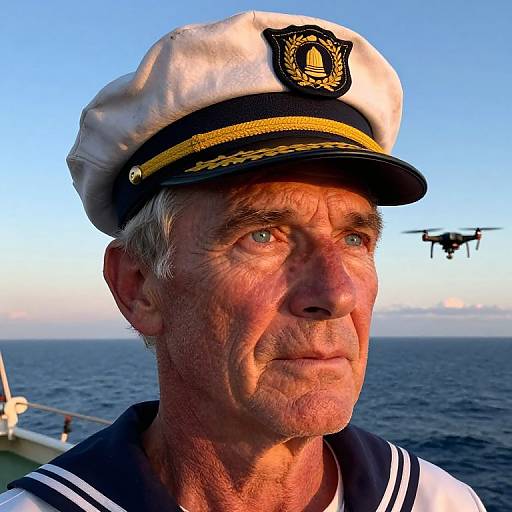 Photograph of an older Caucasian man with wrinkles, wearing a white naval captain's hat and uniform, blue sky and ocean background, drone visible in the