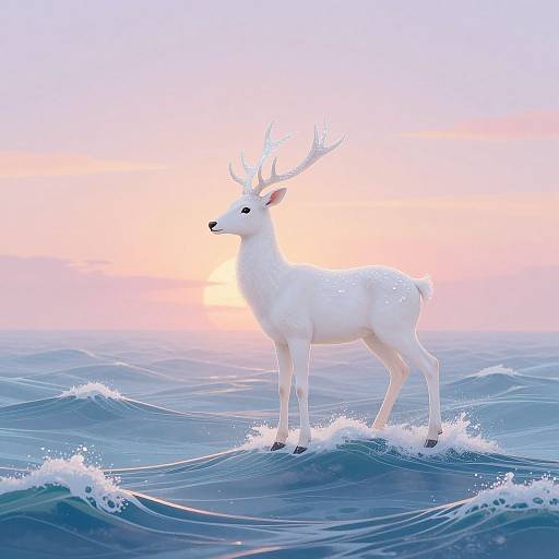 Digital artwork of a white deer with antlers standing on ocean waves during a pastel pink and blue sunset.