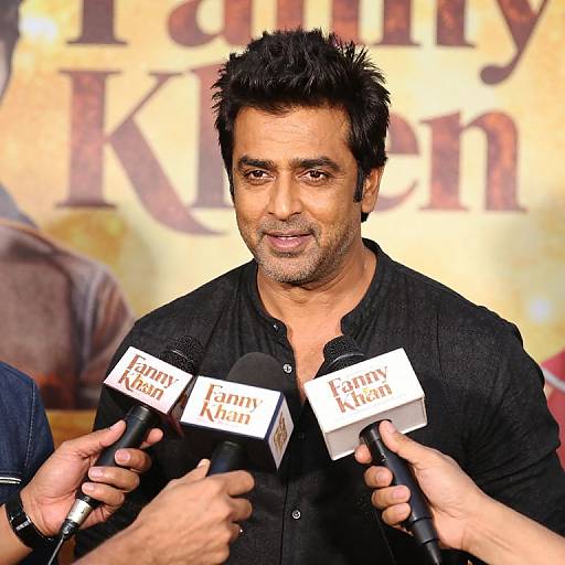 Photograph of a middle-aged, dark-haired Indian man in a black shirt, smiling, holding two microphones labeled 