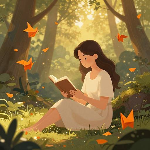 Digital illustration of a serene forest scene with golden sunlight filtering through trees. A woman with long brown hair, wearing a white dress, sits on grass reading