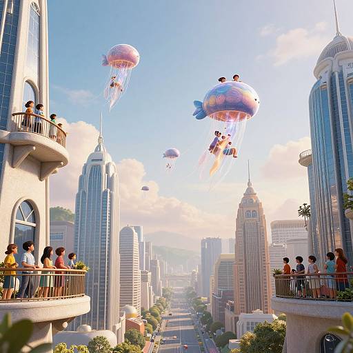 Photorealistic CGI of a futuristic city with people on balconies watching colorful jellyfish-shaped drones hover above towering skyscrapers.