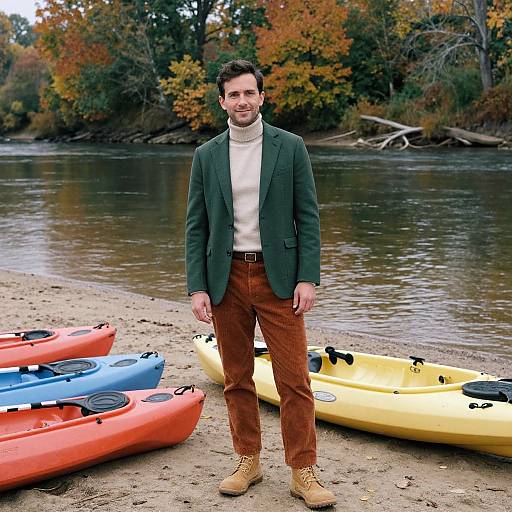 Photograph of a smiling man with dark hair and beard, wearing a green blazer, white turtleneck, brown pants, and tan boots,